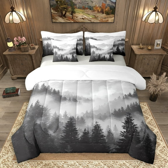 Homewish Natural Botanical 7-Piece Bedding Comforter Set,Pine Tree King Bedding Sets,Gray White Bed Sheets For Adults,Luxury Bedroom Decor Reversible