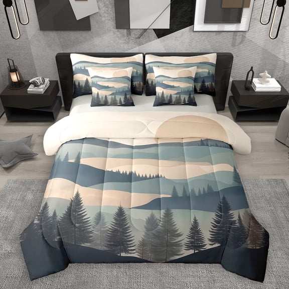 Homewish Natural Botanical 7-Piece Twin Bedding Sets,Pine Tree Bedding Comforter Set,Beige Green Sheet Sets For Adults,Luxury Bedroom Decor Reversible