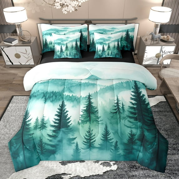 Homewish Natural Botanical 7pcs Bedding Comforter Set,Tropical Pine Tree Queen Bedding Sets,Cyan White Queen Sheet Sets For Adults,Microfiber Bedroom Decor Reversible