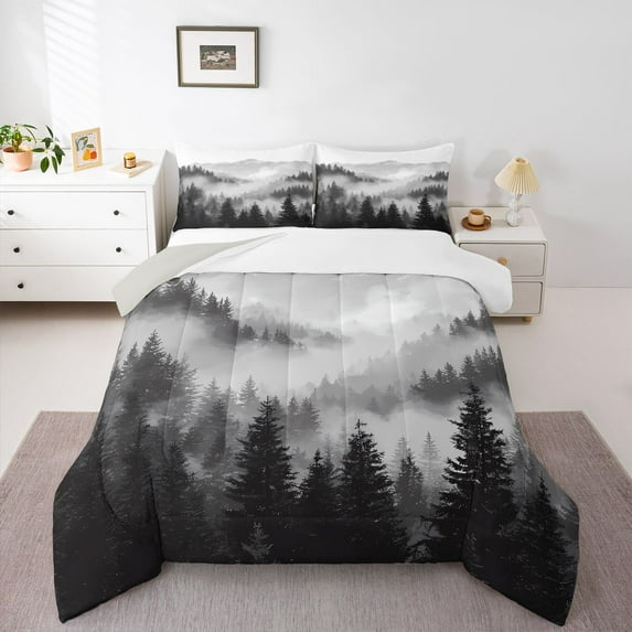 Homewish Natural Botanical Bedding Comforter Set,Pine Tree Twin Comforter Sets,Gray White Bedding Set For Adults,Luxury Bedroom Decor Reversible,2pcs