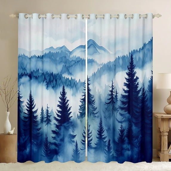 Homewish Natural Botanical Curtains Pack of 2 (42x84 Each),Tropical Pine Tree Curtains Blackout,Blue White Bedroom Curtains For Adults,Microfiber Bedroom Decor
