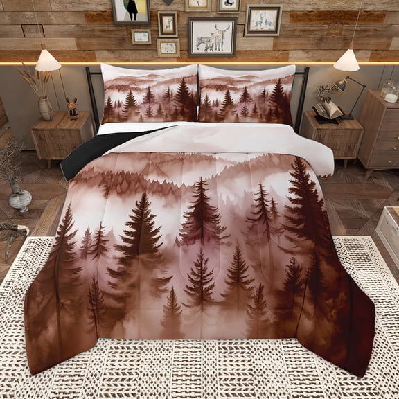 Homewish Natural Botanical Full Size Comforter Sets,Tropical Pine Tree Bedding Comforter Set,Brown White Bedding Sets For Adults,Microfiber Bedroom Decor Reversible,3pcs