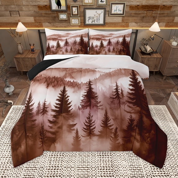 Homewish Natural Botanical Full Size Comforter Sets,Tropical Pine Tree Bedding Comforter Set,Brown White Bedding Sets For Adults,Microfiber Bedroom Decor Reversible,3pcs