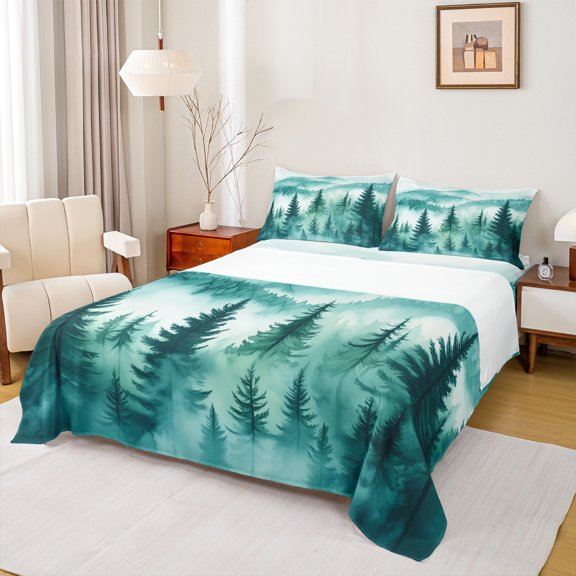 Homewish Natural Botanical Twin Sheet Sets,Tropical Pine Tree Twin Fitted Sheet,Cyan White 03 For Adults,Microfiber Bedroom Decor,3 Pieces