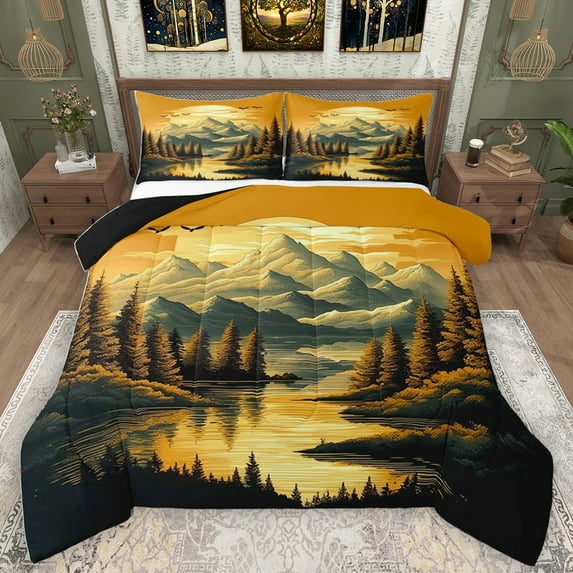Homewish Natural Landscape Full Size Comforter Sets,Mountain Pine Scenery Bedding Comforter Set,Beige Brown Bedding Sets For Girls Boys,Breathable Home Decor Reversible,3-Piece