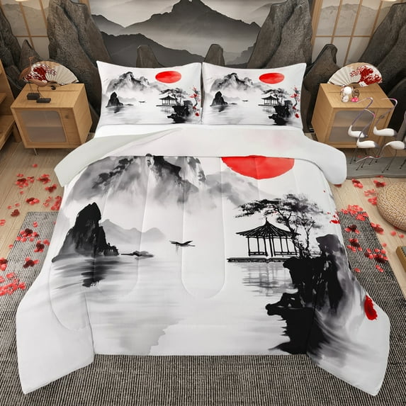 Homewish Natural Landscape Mountain Bedding Comforter Set,Japanese Style Twin Comforter Sets,Gray White Bedding Set For Kids,Super Cozy Room Decor Reversible,2pcs