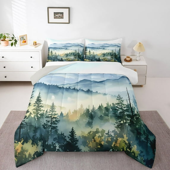 Homewish Natural Landscape Queen Comforter Set,Tropical Pine Tree Bedding Sets,Green Blue Bedding Comforter Set For Adult,Microfiber Bedroom Decor Reversible,3-Piece
