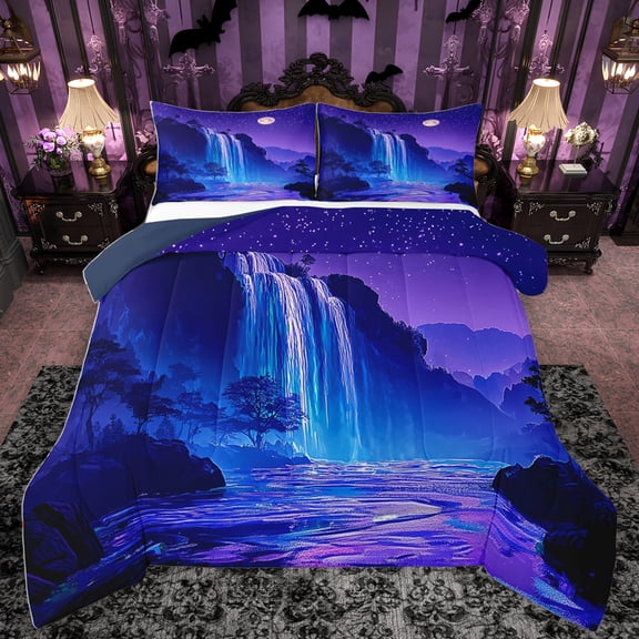 Homewish Natural Landscape Waterfall Bedding Comforter Set,Chic Scenery Twin Comforter Sets,Purple Galaxy Bedding Set For Girls Boys,Breathable Home Decor Reversible,2-Piece