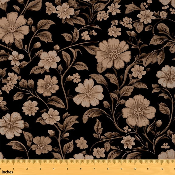 Homewish Natural Plant Theme Fabric by the Yard 1 Yard,Rustic Flower Floral Home Decor Fabric by the Yard,Light Orange Black Sewing Fabric For Girl Teens,Ultra Soft Home Decor