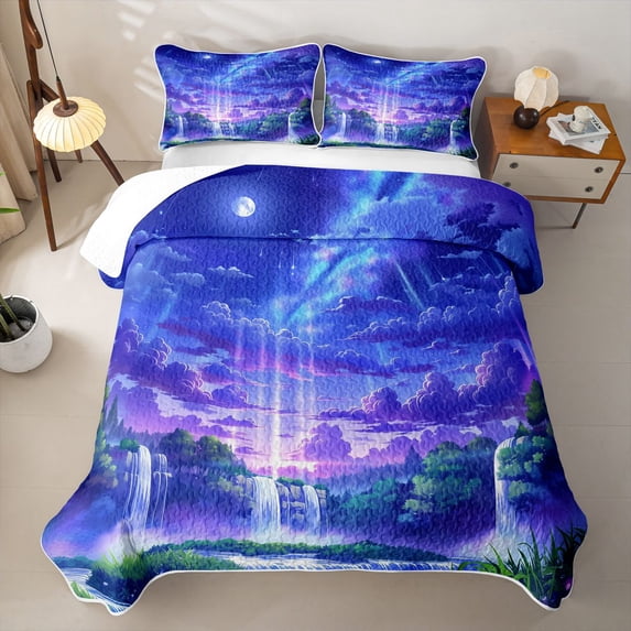 Homewish Natural Scene Bed Spread Queen, Dreaming Blue Purple Queen Coverlet Set, 3 Pieces 1 Quilt and 2 Pillowcases