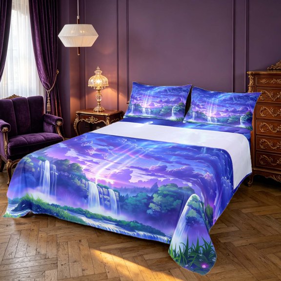 Homewish Natural Scene Queen Sheets, Dreaming Blue Purple Queen Sheet Sets, 4pcs, 1 Flat Sheet, 1 Fitted Sheet and 2 Pillowcases