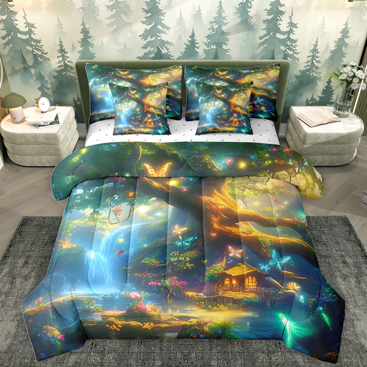 Homewish Natural Scenery 7-Piece Twin Bedding Sets,Neon Dreamy Butterfly Bedding Comforter Set,Blue Green Gold Sheet Sets For Girls Kids,Luxury Bedroom Decor Reversible