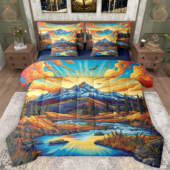 Homewish Natural Scenery 7-Piece Twin Bedding Sets,Snow Mountain Pattern Bedding Comforter Set,Modern Art Sheet Sets For Adults,Breathable Home Decor Reversible