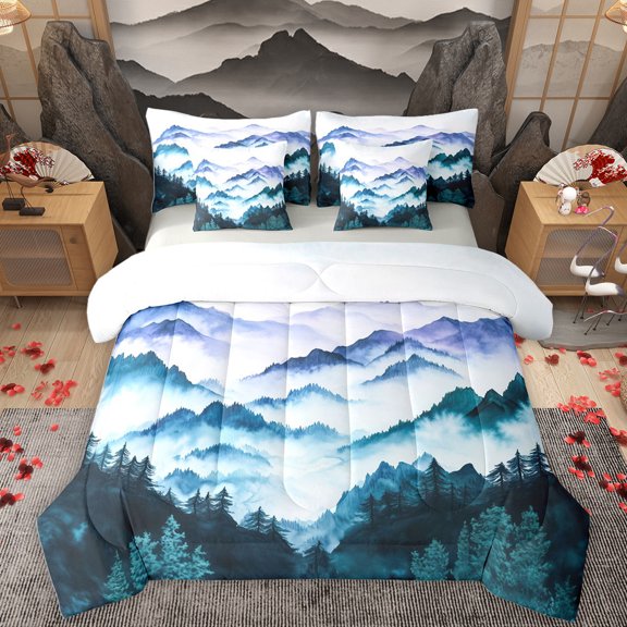 Homewish Natural Scenery 7 Pieces Bedding Comforter Set,Tropical Pine Tree Full Bedding Set,Japan Snow Mountain Fitted Sheet Flat Sheet For Adults,Ultra Soft Home Decor Reversible