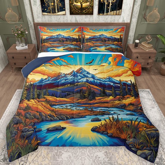 Homewish Natural Scenery Bedding Comforter Set,Snow Mountain Pattern Twin Comforter Sets,Modern Art Bedding Set For Adults,Breathable Home Decor Reversible,2-Piece