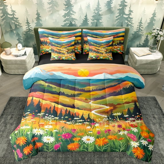 Homewish Natural Scenery Painting 7-Piece Bedding Comforter Set,Watercolor Daisy Floral King Bedding Sets,Orange Sunset Bed Sheets For Girl,Breathable Home Decor Reversible