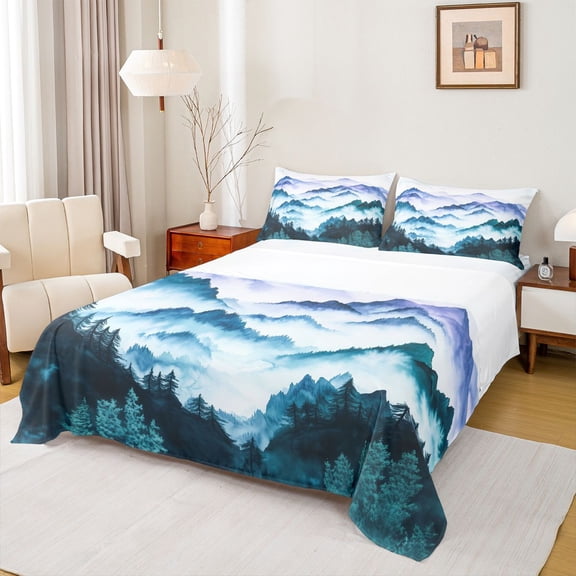 Homewish Natural Scenery Twin Sheet Sets,Tropical Pine Tree Twin Fitted Sheet,Japan Snow Mountain Flat Sheet For Adults,Ultra Soft Home Decor,3-Piece