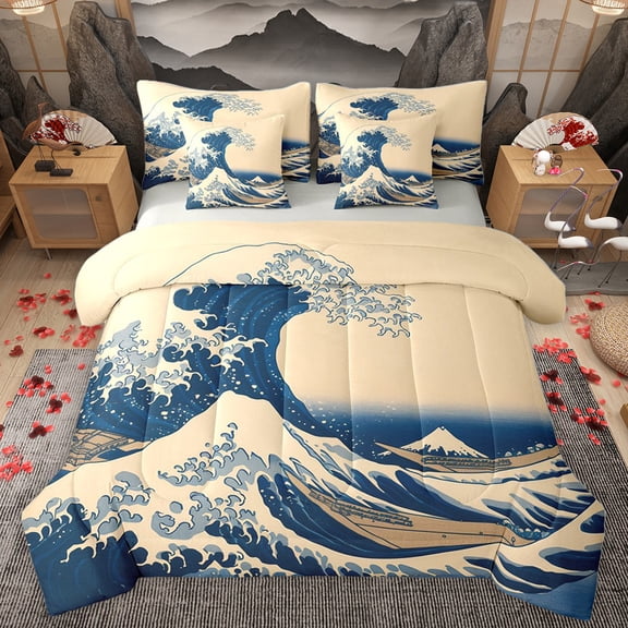 Homewish Natural Sencery 7pcs Bedding Comforter Set,Japanese Style Queen Bedding Sets,Beige Blue Queen Sheet Sets For Men Women,Luxury Bedroom Decor Reversible