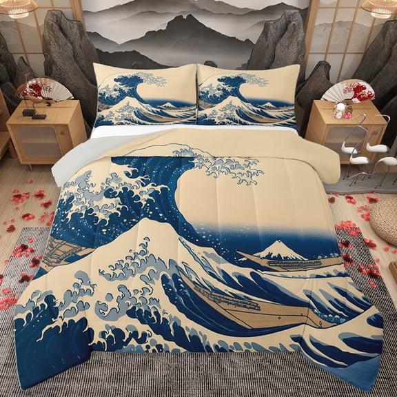 Homewish Natural Sencery Bedding Comforter Set,Japanese Style Twin Comforter Sets,Beige Blue Bedding Set For Men Women,Luxury Bedroom Decor Reversible,2pcs