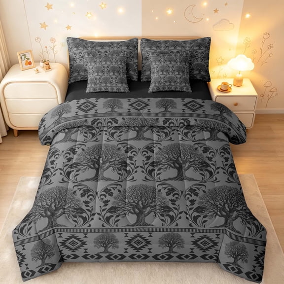 Homewish Nature Botanical Tree 7-Piece Twin Bedding,Aztec Geometric Rhombus Bedding Comforter Set,Gray Black,Black Reversible