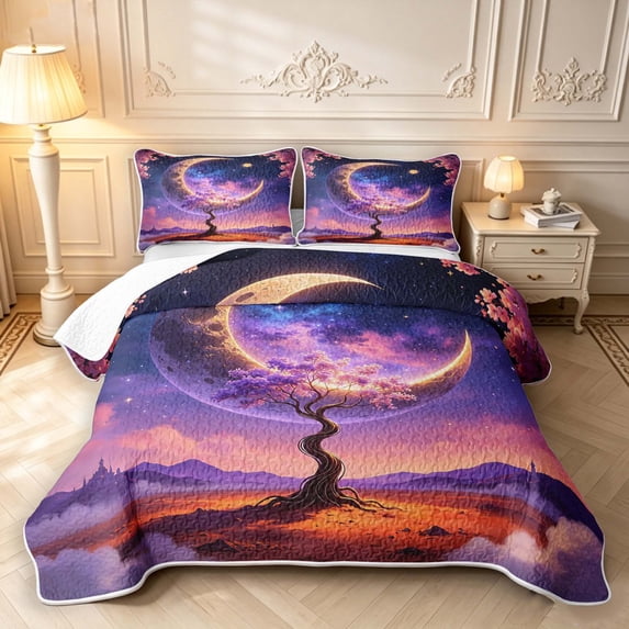 Homewish Nature Botanical Tree Bed Spread Queen,Moon Galaxy Print Queen Coverlet Set,Pink Purple,Black Reversible,3pcs