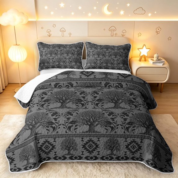 Homewish Nature Botanical Tree Twin Quilt Set,Aztec Geometric Rhombus Twin Coverlet Set,Gray Black,Black Reversible,2-Piece