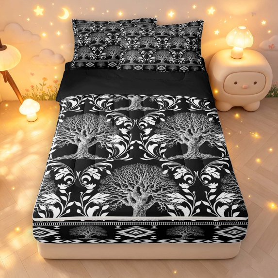 Homewish Nature Botanical Tree Zipper Twin Comforter Sets with Fitted Sheet and 2 Pillowcases,Vintage Plants Zipper Bedding Set,Black White,Black Reversible,4pcs
