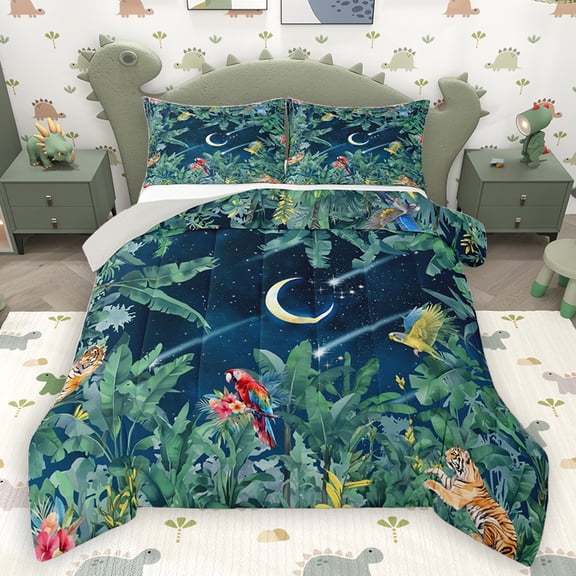 Homewish Nature Jungle Leaf Full Size Comforter Sets, Mystic Stars Moon Galaxy Bedding Comforter Set, Tiger Parrot Hummingbird Reversible Bedding Sets, Luxury Bedroom Decor, 3pcs