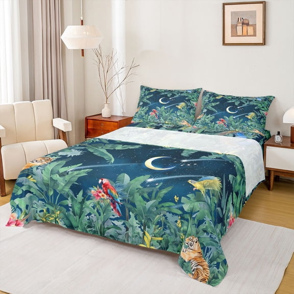 Homewish Nature Jungle Leaf Full Size Sheets, Mystic Stars Moon Galaxy Bed Sheets, Tiger Parrot Hummingbird Sheet Sets, Luxury Bedroom Decor, 4pcs