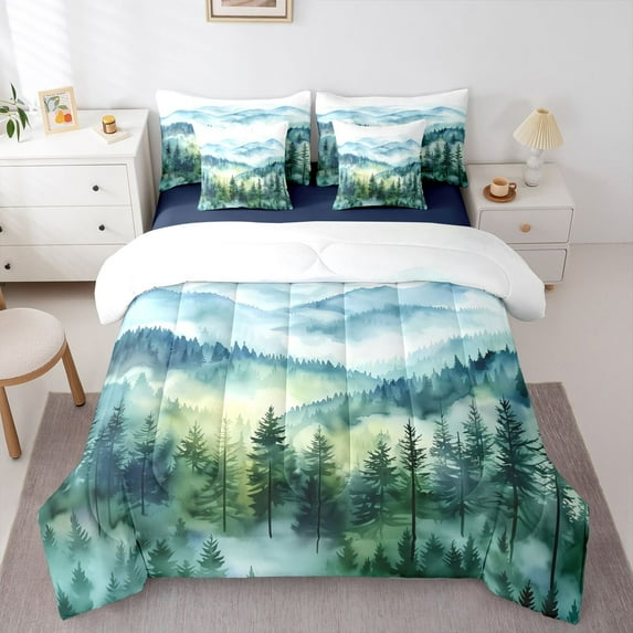 Homewish Nature Scenery Twin Bedding Sets 7-Piece for Men, Vintage Watercolor Bedding Comforter Set, Rustic Farmhouse Tree Reversible Sheet Sets, Super Cozy Room Decor