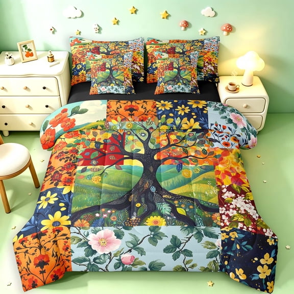 Homewish Nature Tree Patchwork Grid 7-Piece Twin Bedding,Flower Plants Bedding Comforter Set,Orange Green,Black Reversible