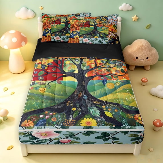Homewish Nature Tree Patchwork Grid Zipper Full Size Comforter Sets with Fitted Sheet and 2 Pillowcases,Flower Plants Zipper Bedding Set,Orange Green,Black Reversible,4pcs