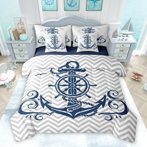 Homewish Nautican Anchor Rudder Bedding Comforter Set 7pcs, Chic Modern Fashion King Bedding Sets, Abstract Stripes Waves Reversible Bed Sheets, Luxury Bedroom Decor