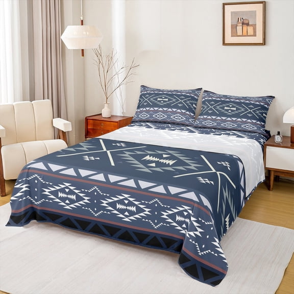 Homewish Navy Abstract Aztec Queen Sheet Sets, Retro Hippie Triangle Flat Sheet, Southwestern Theme Queen Fitted Sheet, Luxury Bedroom Decor, 4pcs