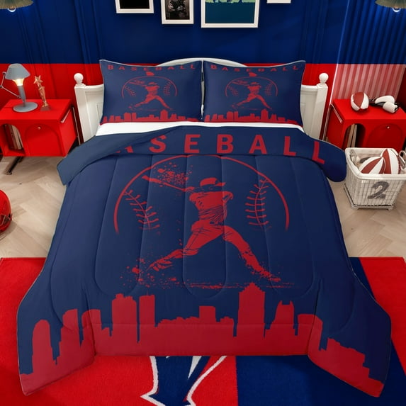 Homewish Navy Crismon Baseball Queen Comforter Set for Teens, Vintage American Sports Bedding Sets, Cartoon City Print Reversible Bedding Comforter Set, Breathable Home Decor, 3pcs