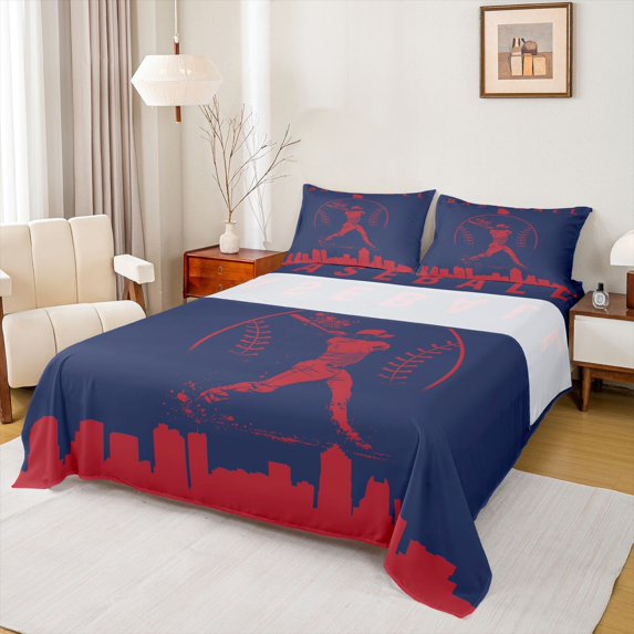 Homewish Navy Crismon Baseball Twin Sheet Sets for Teens, Vintage American Sports Twin Fitted Sheet, Cartoon City Print Flat Sheet, Breathable Home Decor, 3pcs