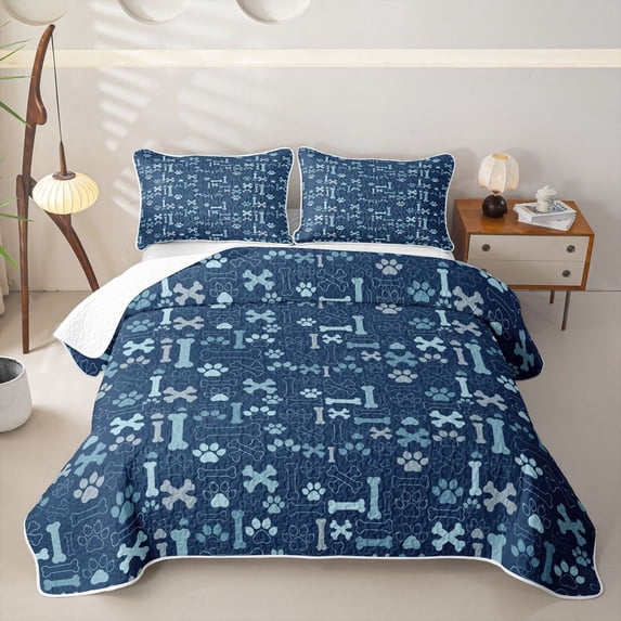 Homewish Navy Dog Paw Bone Twin Quilt Set,Cartoon Pet Themed Twin Coverlet Set,2pcs