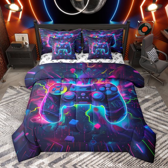 Homewish Navy Fuchsia Gamepad Bedding Comforter Set 7 Pieces, Chic Square Abstract Stripe Full Bedding Set, Teens Kids Boys Men Reversible Fitted Sheet Flat Sheet, Lightweight Room Decor