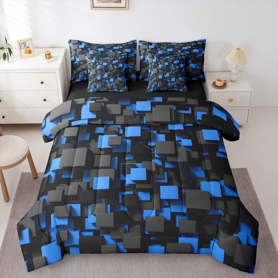 Homewish Navy Futuristic Cubes 7-Piece Twin Bedding,Contemporary Artwork Bedding Comforter Set,Black Reversible