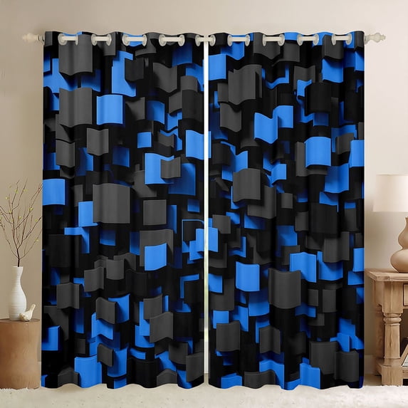 Homewish Navy Futuristic Cubes Blackout Curtains Set of 2 (52x84 Each),Contemporary Artwork Curtain