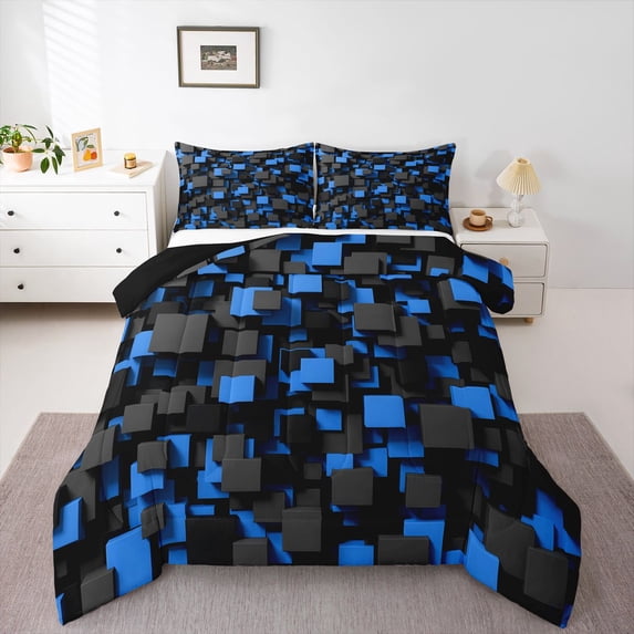Homewish Navy Futuristic Cubes Full Size Comforter Sets,Contemporary Artwork Bedding Comforter Set,Black Reversible,3pcs,1 Comforter and 2 Pillowcases