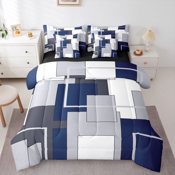 Homewish Navy Geometric Square 7pcs Queen Bedding,Modern Aesthetic Bedding Comforter Set Queen,Black Reversible