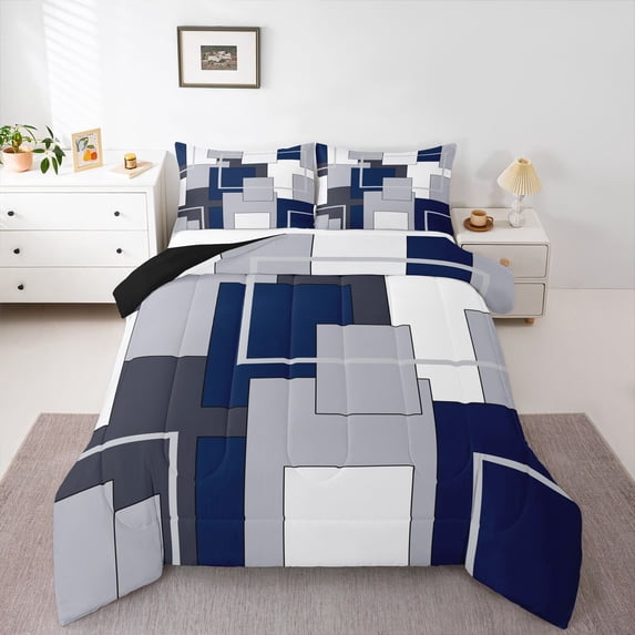 Homewish Navy Geometric Square Queen Comforter Set,Modern Aesthetic Comforter Sets Queen,Black Reversible,3 Pieces,1 Comforter and 2 Pillowcases