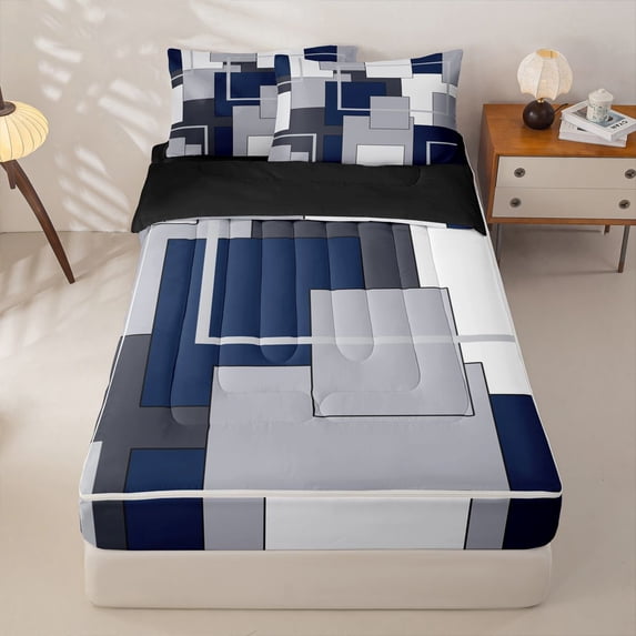 Homewish Navy Geometric Square Zipper Twin Comforter Sets with Fitted Sheet and 2 Pillowcases,Modern Aesthetic Zipper Bedding Set,Black Reversible,4pcs