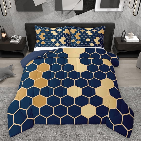 Homewish Navy Gold Honeycomb Bedding Comforter Set for Adult, Modern Fashion Abstract Twin Comforter Sets, Chic Hexagon Reversible Bedding Set, Luxury Bedroom Decor, 2 Pieces