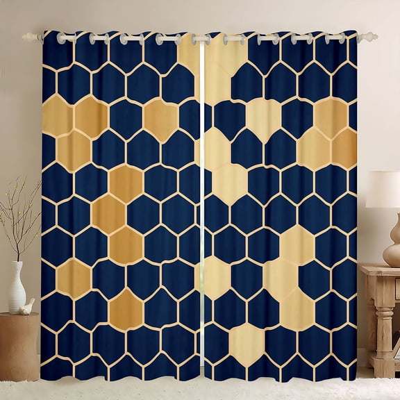 Homewish Navy Gold Honeycomb Blackout Curtains Set of 2 (52x84 Each) for Adult, Modern Fashion Abstract Window Curtains, Chic Hexagon Curtains and Drapes, Living Room Curtains Decor
