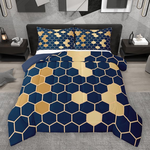 Homewish Navy Gold Honeycomb Full Size Comforter Sets for Adult, Modern Fashion Abstract Bedding Comforter Set, Chic Hexagon Reversible Bedding Sets, Luxury Bedroom Decor, 3 Pieces