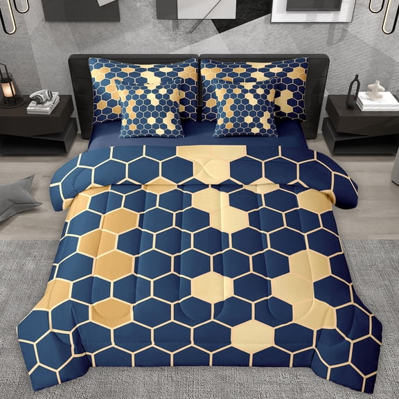 Homewish Navy Gold Honeycomb Twin Bedding Sets 7-Piece for Adult, Modern Fashion Abstract Bedding Comforter Set, Chic Hexagon Reversible Sheet Sets, Luxury Bedroom Decor