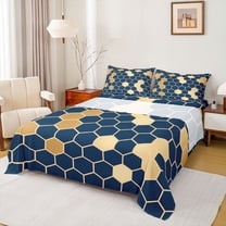 Homewish Navy Gold Honeycomb Twin Sheet Sets for Adult, Modern Fashion Abstract Twin Fitted Sheet, Chic Hexagon Flat Sheet, Luxury Bedroom Decor, 3 Pieces