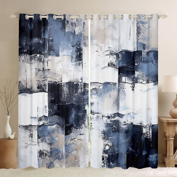 Homewish Navy Gradient Plaid Kitchen Curtains,Contemporary Art Black Out Curtains Pack of 2 (42x63 Each)